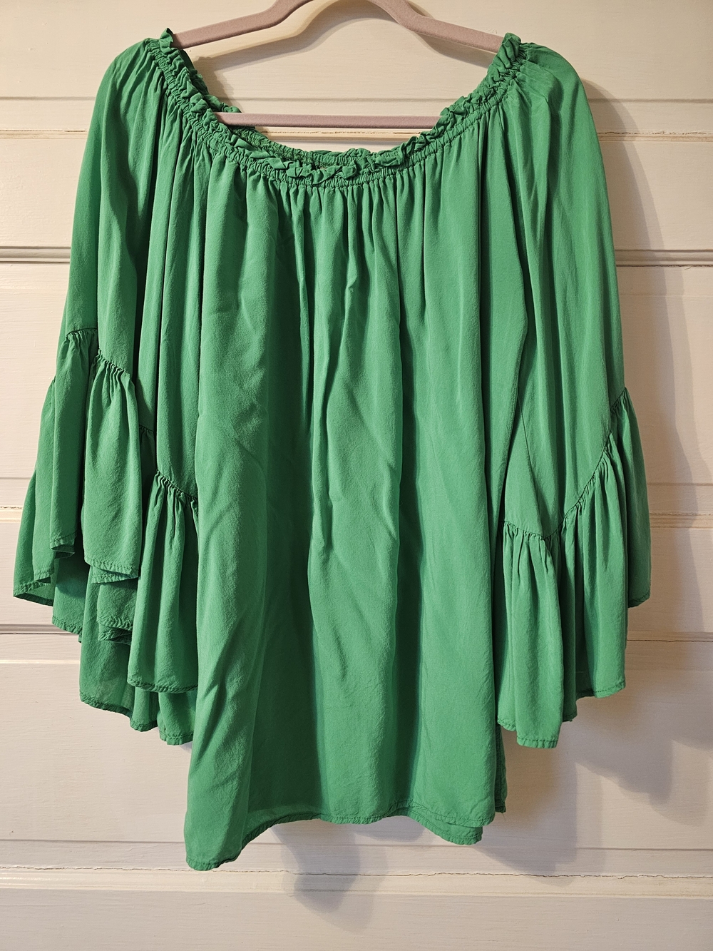 Elan Emerald Green Off-Shoulder Maxi Dress with Ruffle Sleeves